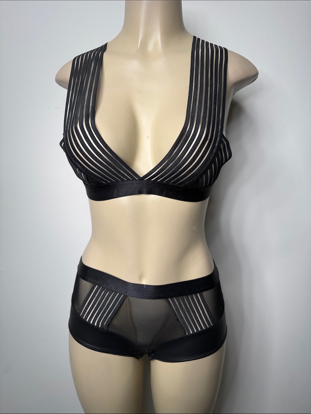 Fashion Nova Black Sheer Striped Mesh Bralette & High-Waist Brief Set